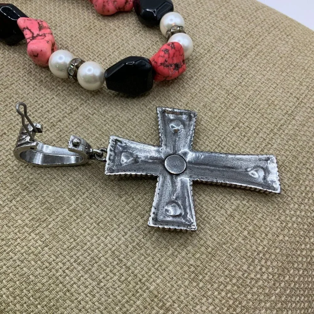 Howlite Pink Glass Beads Black Rhinestone Faux Pearls Silver Tone Cross Necklace